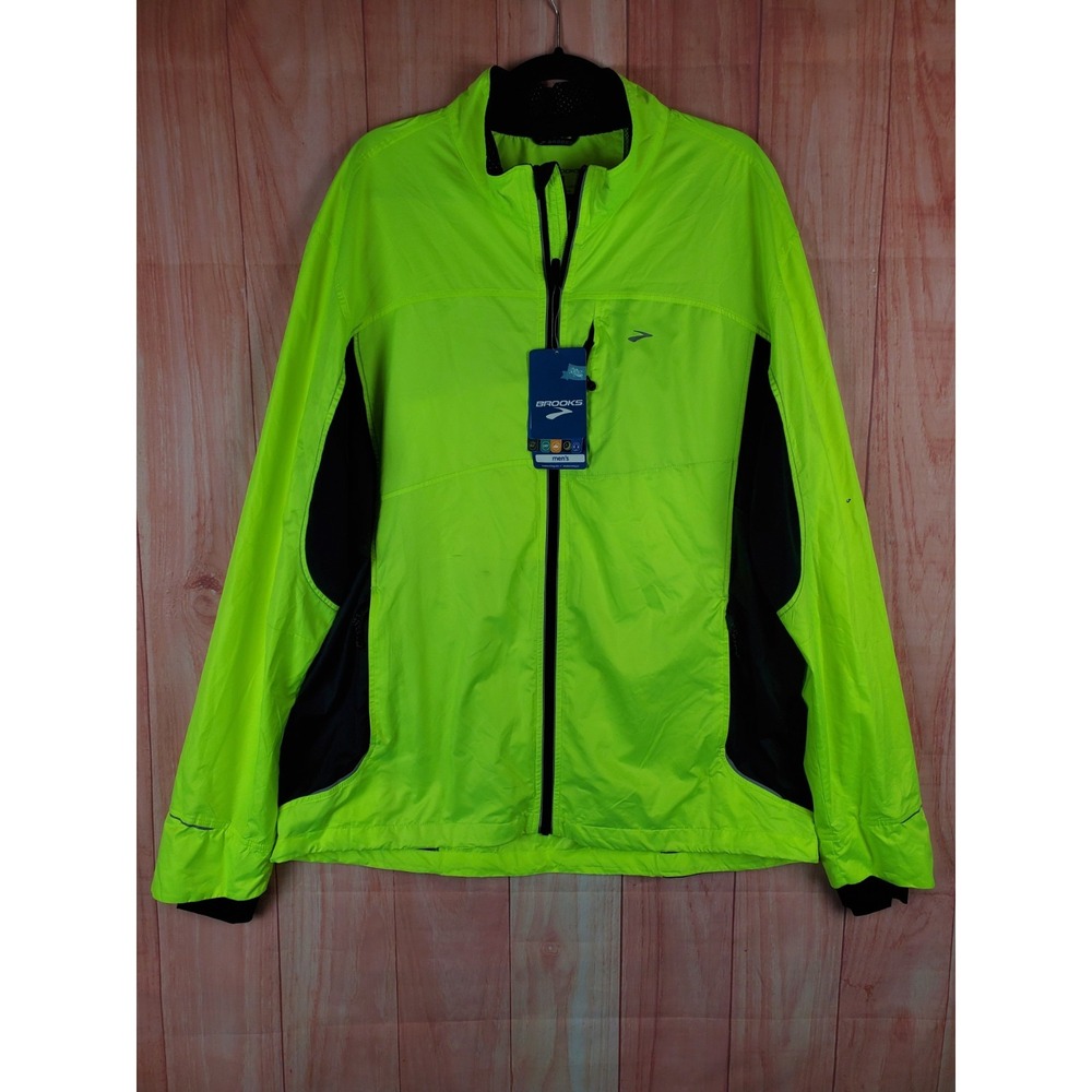 Brooks Nightlife Men Running Jacket Sz 2XL Yellow Polyester Full Zip Long Sleeve